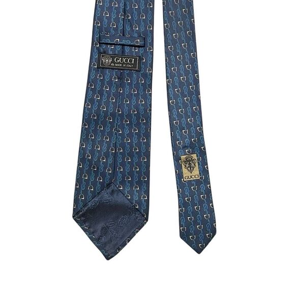 Gucci Mens Navy Blue Printed Silk Designer Neck Tie Pointed Adjustable Italy - Picture 7 of 14